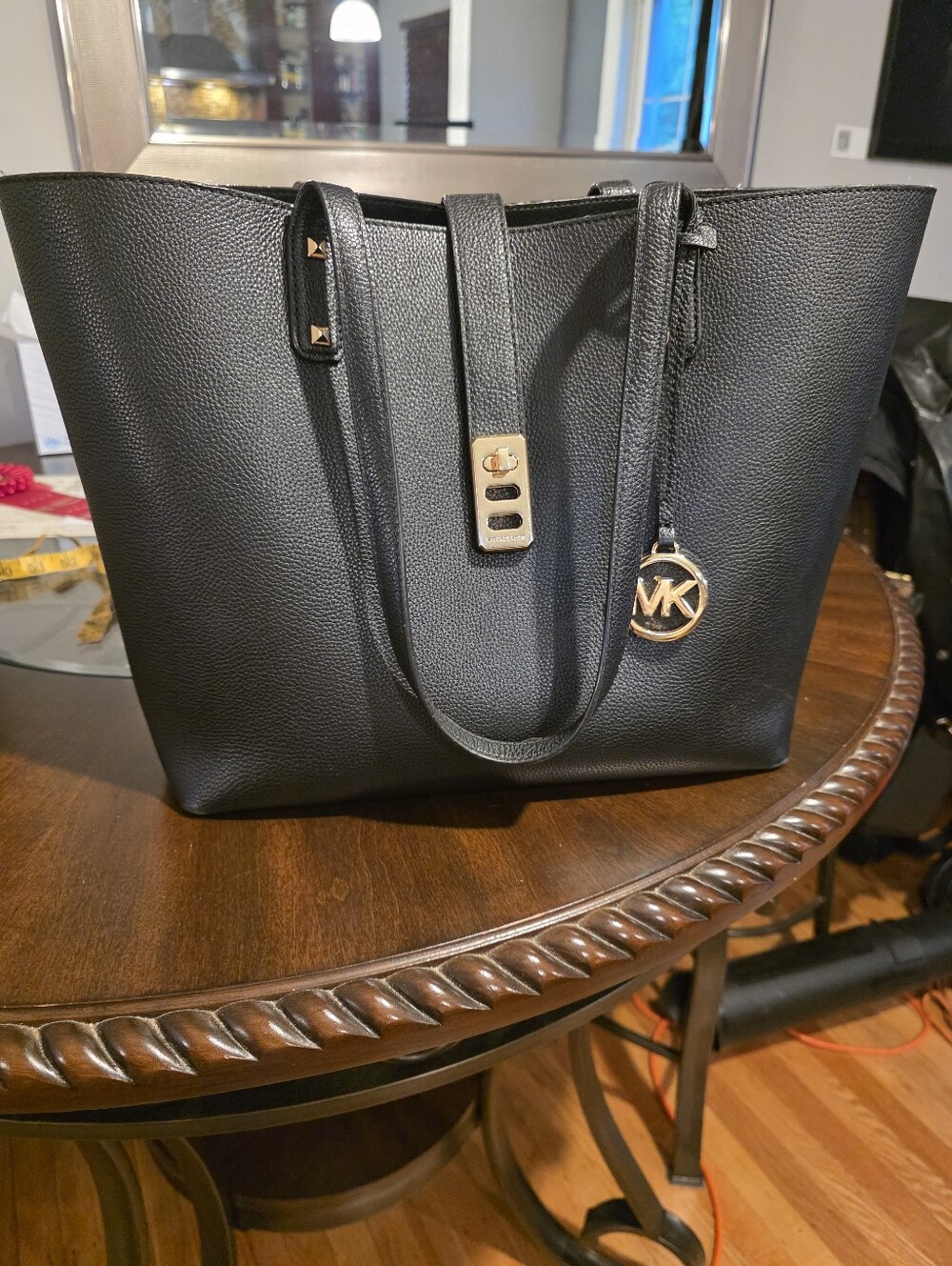 Michael Kors Black Pebbled Leather Tote with Gold MK Charm